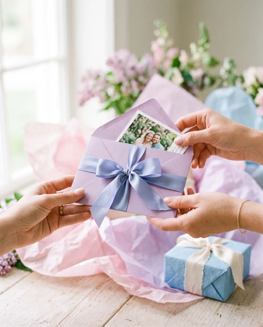Hands passing a lilac envelope tied with a blue ribbon