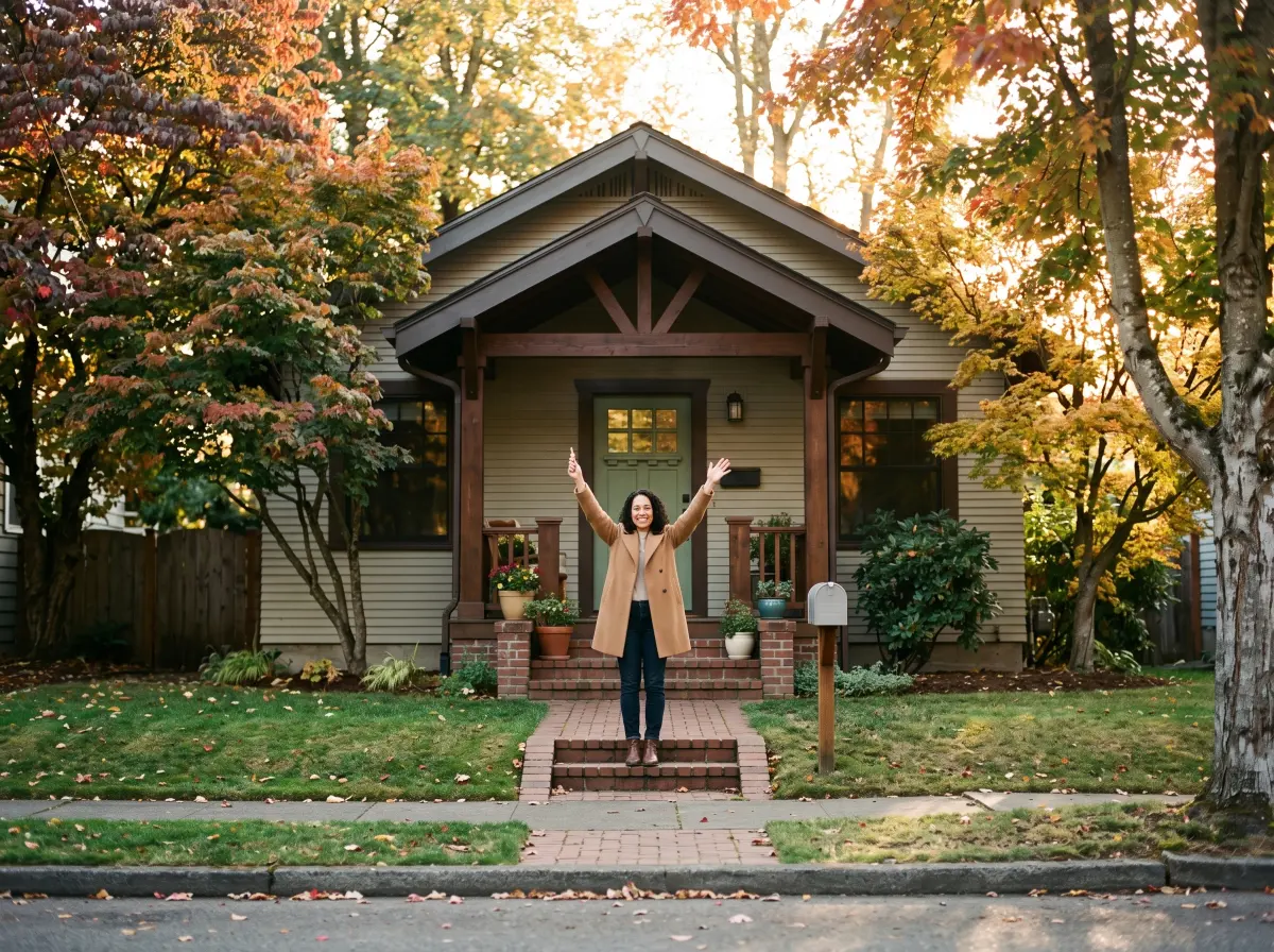 Scene: joyfully holding the keys outside her new house