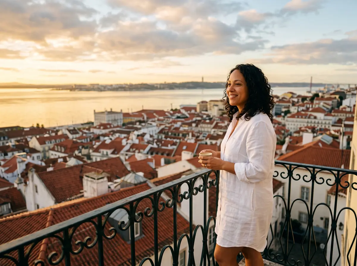 Scene: the same woman on a Lisbon balcony at sunrise