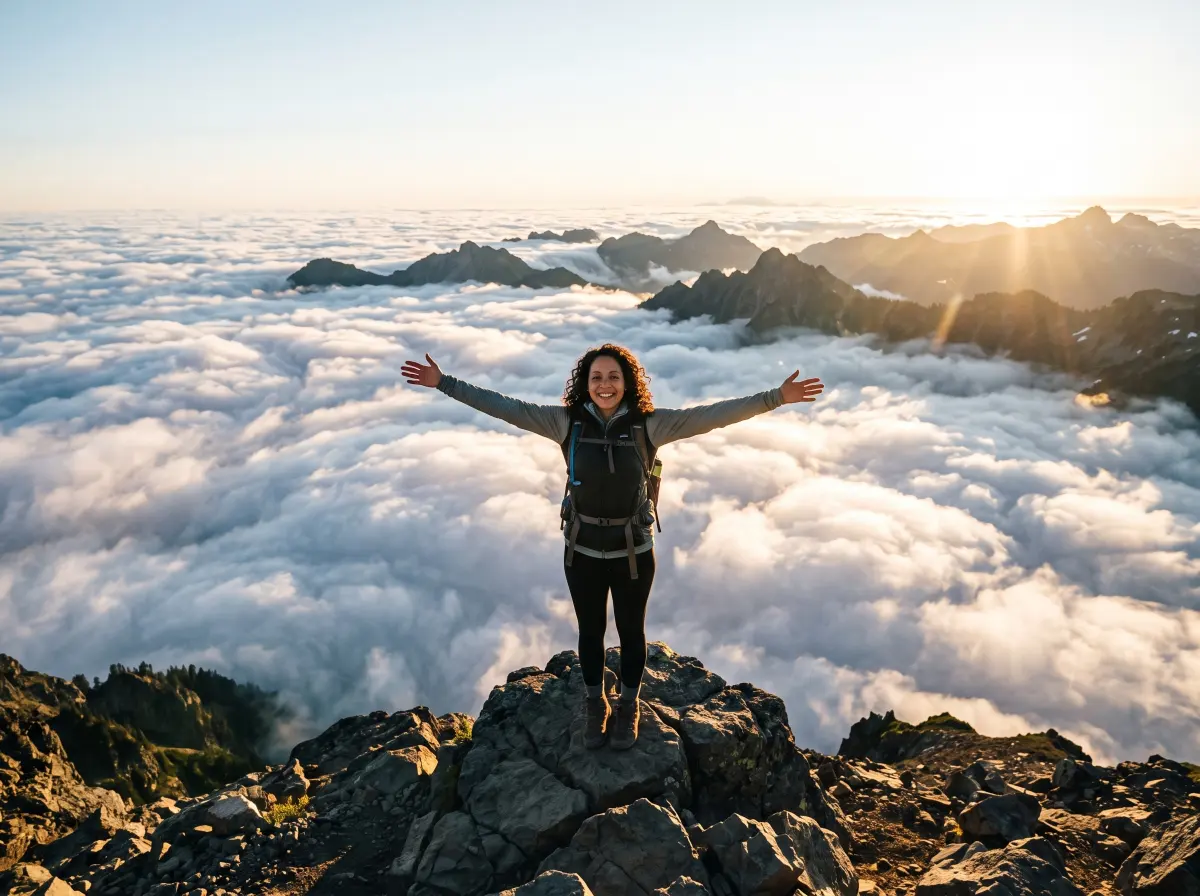 Scene: standing on a mountain summit above the clouds